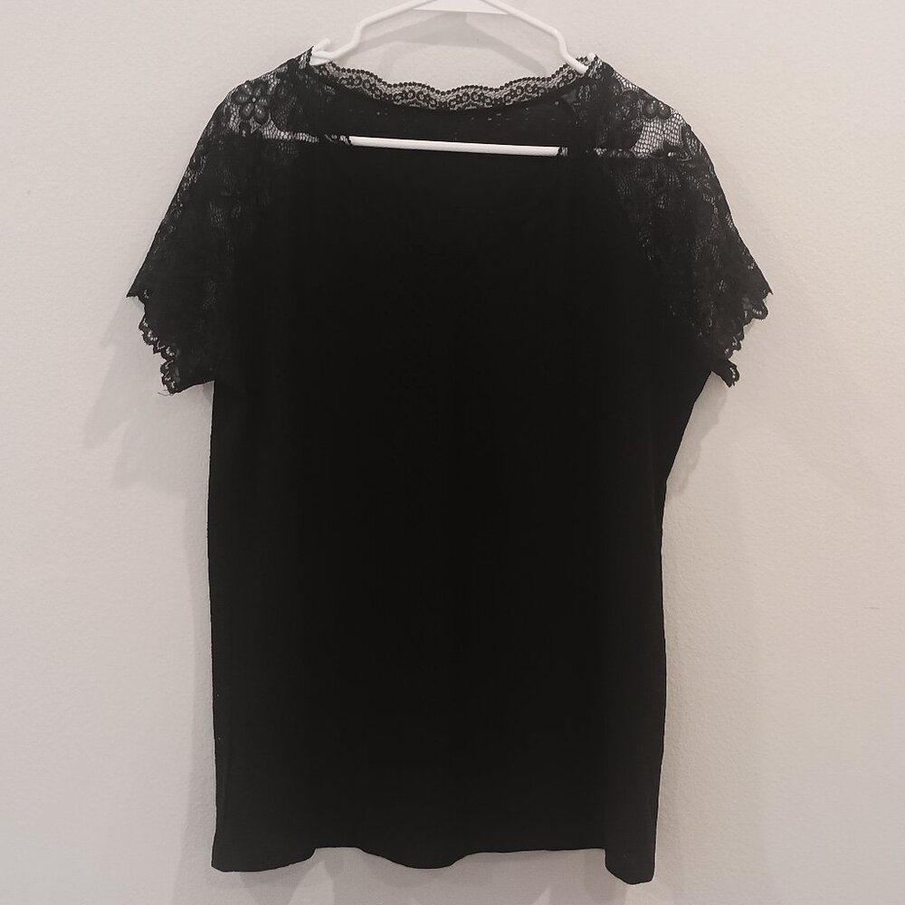 Black Lace Style Top Blouse Cap Sleeves, XL NWOT